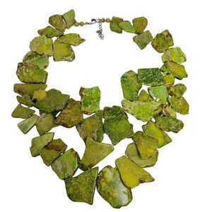 Sterling Silver and Dyed Green Howlite Stone Slab Two Strand Statement Necklace